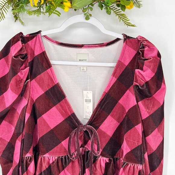 Maeve Velvet Babydoll Top Size Large Plaid Soft Grunge Victorian Witchy Stretch - Picture 6 of 10